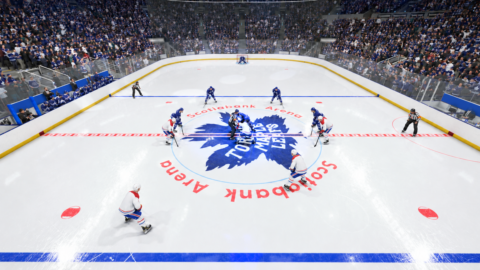 Illustrative Scotiabank Arena scene facing Toronto’s goalie
